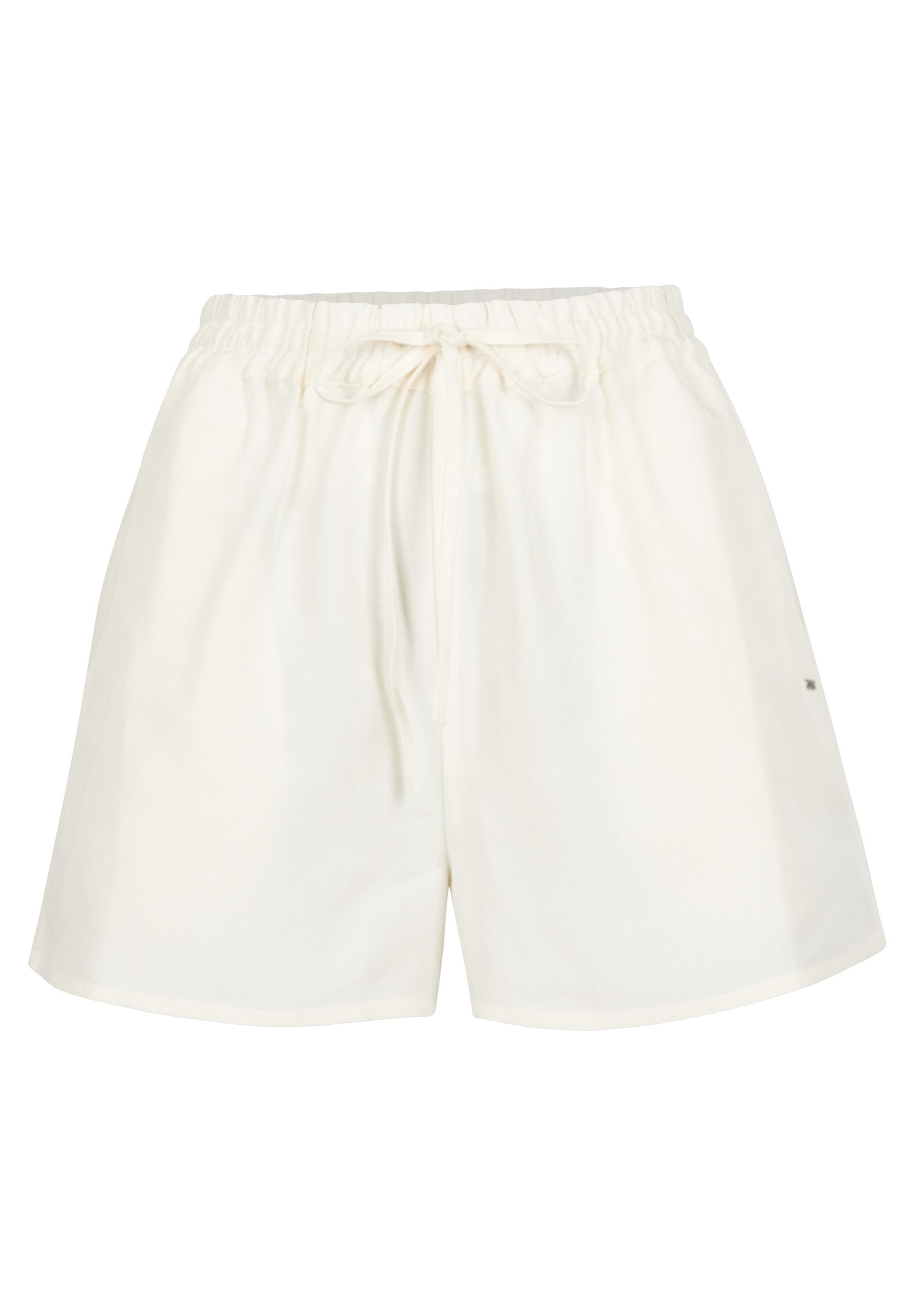 Weiße Baumwollshorts mit elastischem Bund und Kordelzug. Sie bieten eine lockere Passform und ein minimalistisches Design. Keine sichtbaren Muster oder Beschläge.