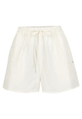 Weiße Baumwollshorts mit elastischem Bund und Kordelzug. Sie bieten eine lockere Passform und ein minimalistisches Design. Keine sichtbaren Muster oder Beschläge.