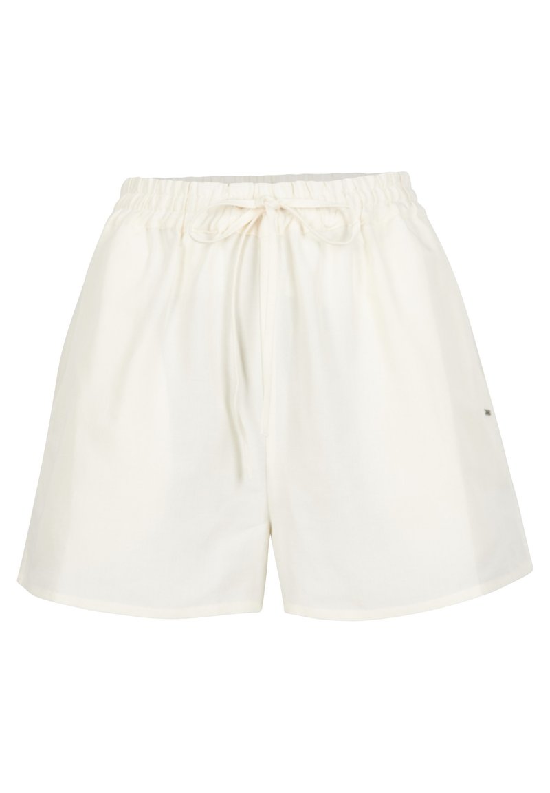 Weiße Baumwollshorts mit elastischem Bund und Kordelzug. Sie bieten eine lockere Passform und ein minimalistisches Design. Keine sichtbaren Muster oder Beschläge.