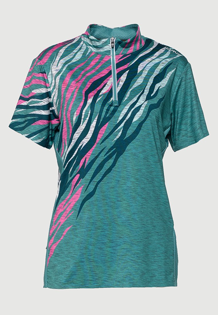 Kurzärmeliges türkisfarbenes Sportshirt mit Frontreißverschluss und pinkem, weißem und dunkelblauem abstraktem Tigerstreifenmuster auf Brust und Schulter.