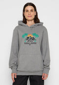 Grauer Hoodie aus Baumwollmischung, mit einem Aufdruck von Bergen, Sonne und Palmen. Er hat eine Fronttasche und eine Hood mit Zugband.