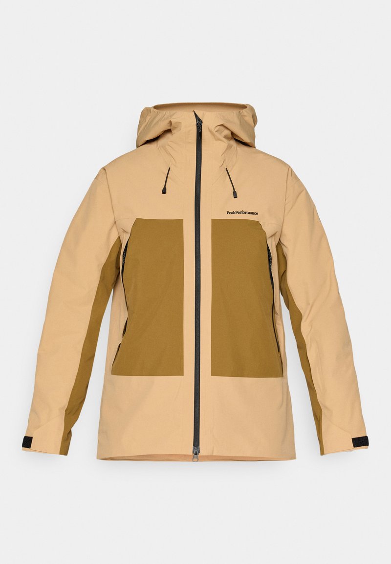Beige wasserdichte Jacke mit Kapuze, ausgestattet mit zwei großen braunen Fronttaschen, schwarzem Reißverschluss und verstellbaren Kordeln.