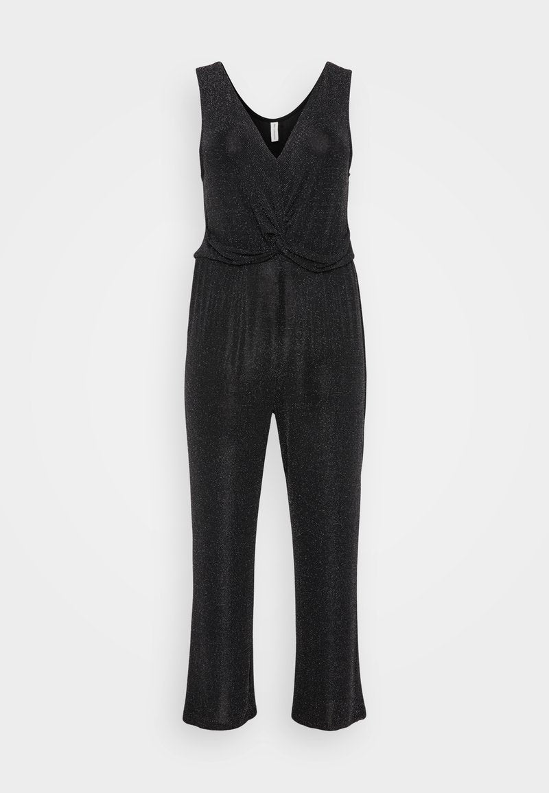Schwarzer Jumpsuit mit V-Ausschnitt und ärmellosem Design. Hergestellt aus einem glitzernden Stoff, mit einem Wickeldetail an der Taille und weit geschnittenen Beinen.