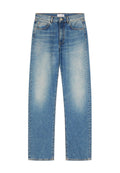 Hellblaue Jeans aus Denim mit geradem Beinschnitt, ausgestattet mit fünf Taschen, einem Knopfverschluss und dezenten Ausbleichungen im Stoff.