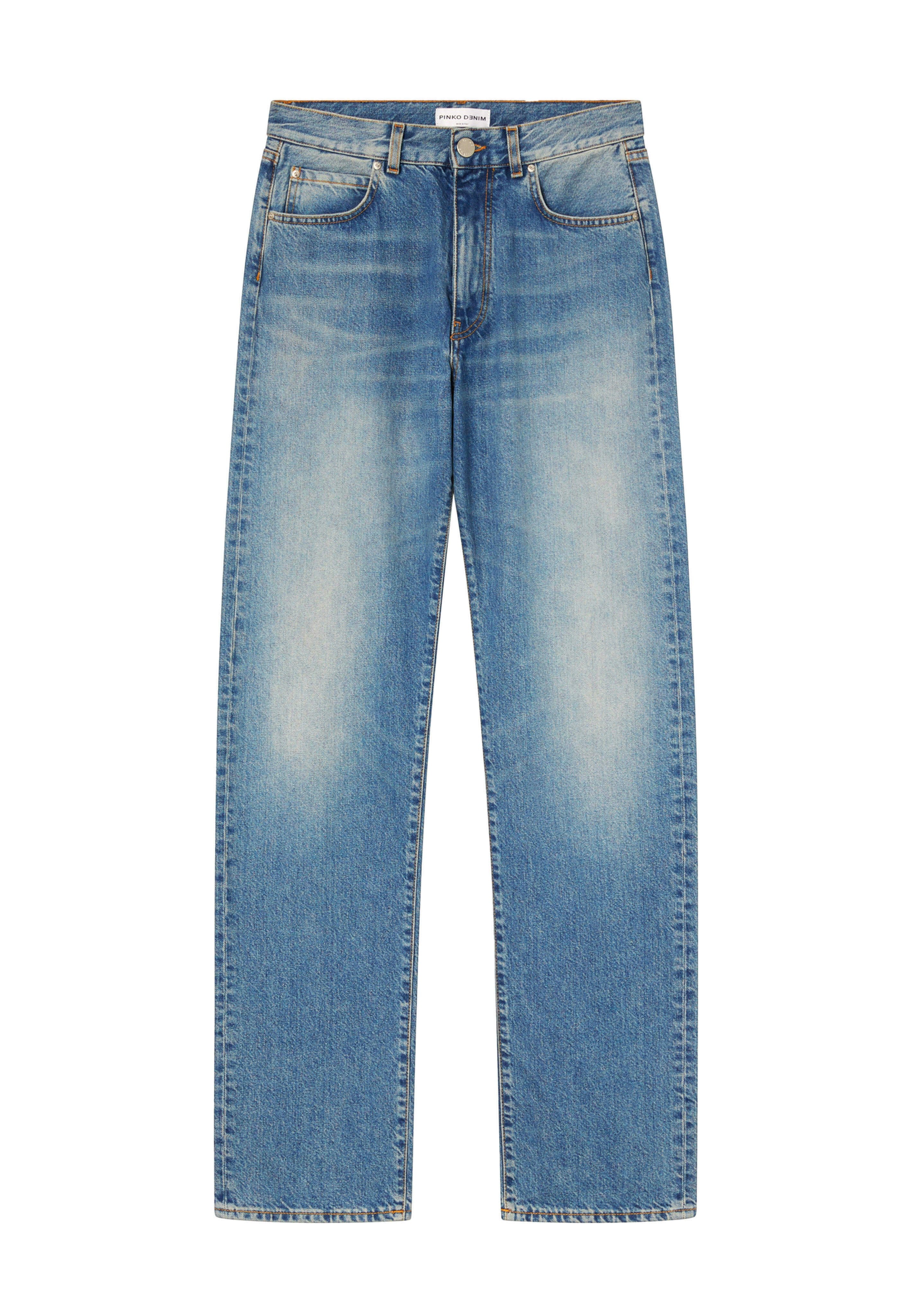 Hellblaue Jeans aus Denim mit geradem Beinschnitt, ausgestattet mit fünf Taschen, einem Knopfverschluss und dezenten Ausbleichungen im Stoff.