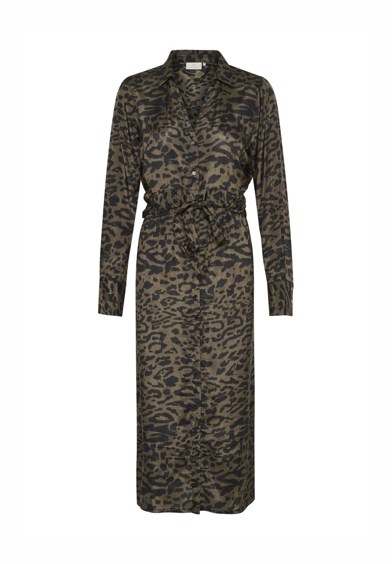 Langärmliges Kleid in olivgrün mit schwarzem Leopardenmuster. Verfügt über einen Kragen, Knopfleiste und eine taillierte Taille mit passendem Bindegürtel.