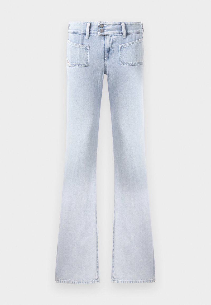 Hellblaue Jeans mit weitem Bein, zwei Gesäßtaschen, hoher Taille und einem ausgewaschenen Finish. Mit doppeltem Knopfverschluss und Gürtelschlaufen.