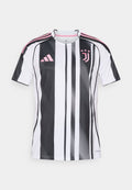 Juventus Fußballtrikot mit vertikalen schwarz-weißen Streifen, rosa Akzenten an den Ärmeln und Logo, aus leichtem, atmungsaktivem Material.