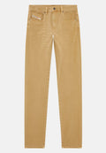 Beige Cord-Hosen mit geradem Bein, ausgestattet mit einem Knopfverschluss, Taschen und subtiler Textur.