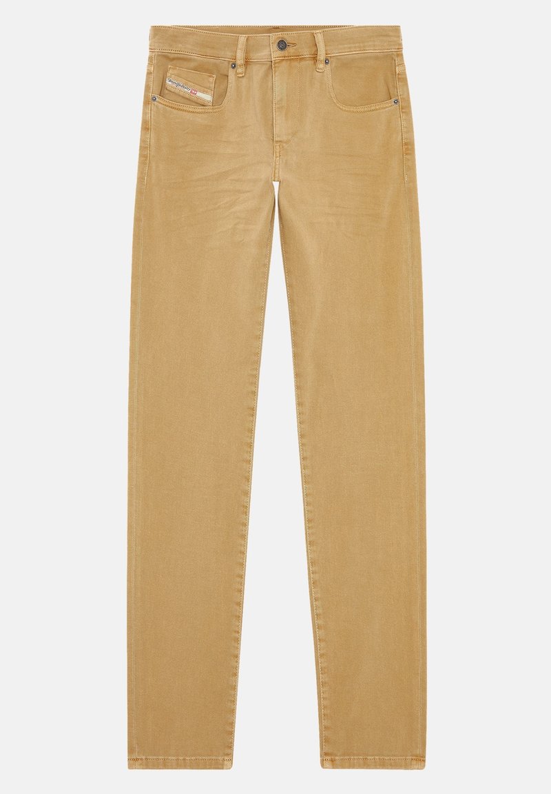Beige Cord-Hosen mit geradem Bein, ausgestattet mit einem Knopfverschluss, Taschen und subtiler Textur.