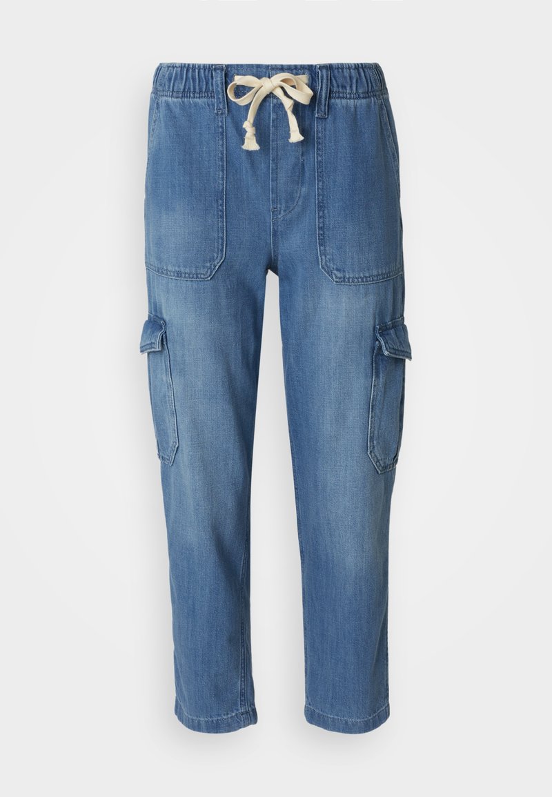 Hellblaue Denim-Cargohosen mit elastischem Bund und verstellbarem Kordelzug. Verfügt über zwei Seitentaschen und eine Cargotasche am Bein.