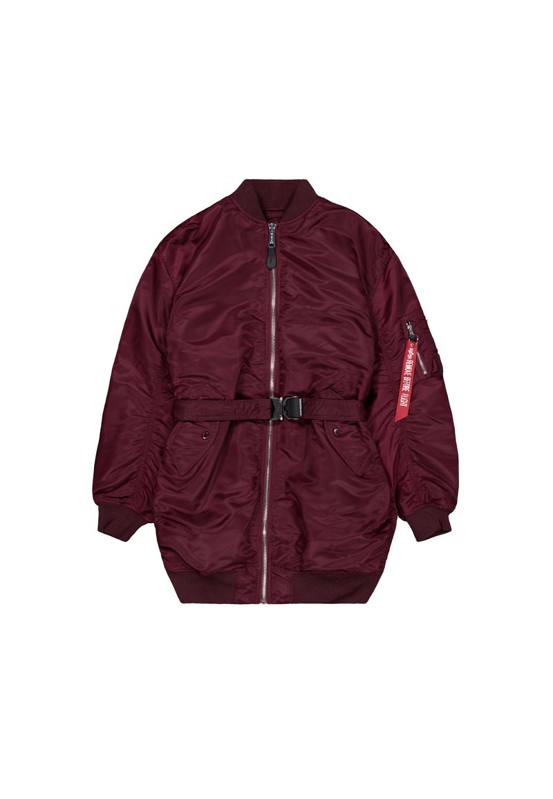Bordeauxfarbene Bomberjacke mit einem Frontreißverschluss, elastischen Bündchen, verstellbarem Gürtel und seitlichen Taschen. Glattes, glänzendes Material mit einer Utility-Tasche.