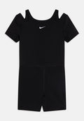 Schwarzer kurzärmeliger Bodysuit mit ausgeschnittenem Schulterdesign, aus dehnbarem Material gefertigt, mit einem kleinen weißen Nike-Logo auf der Brust.