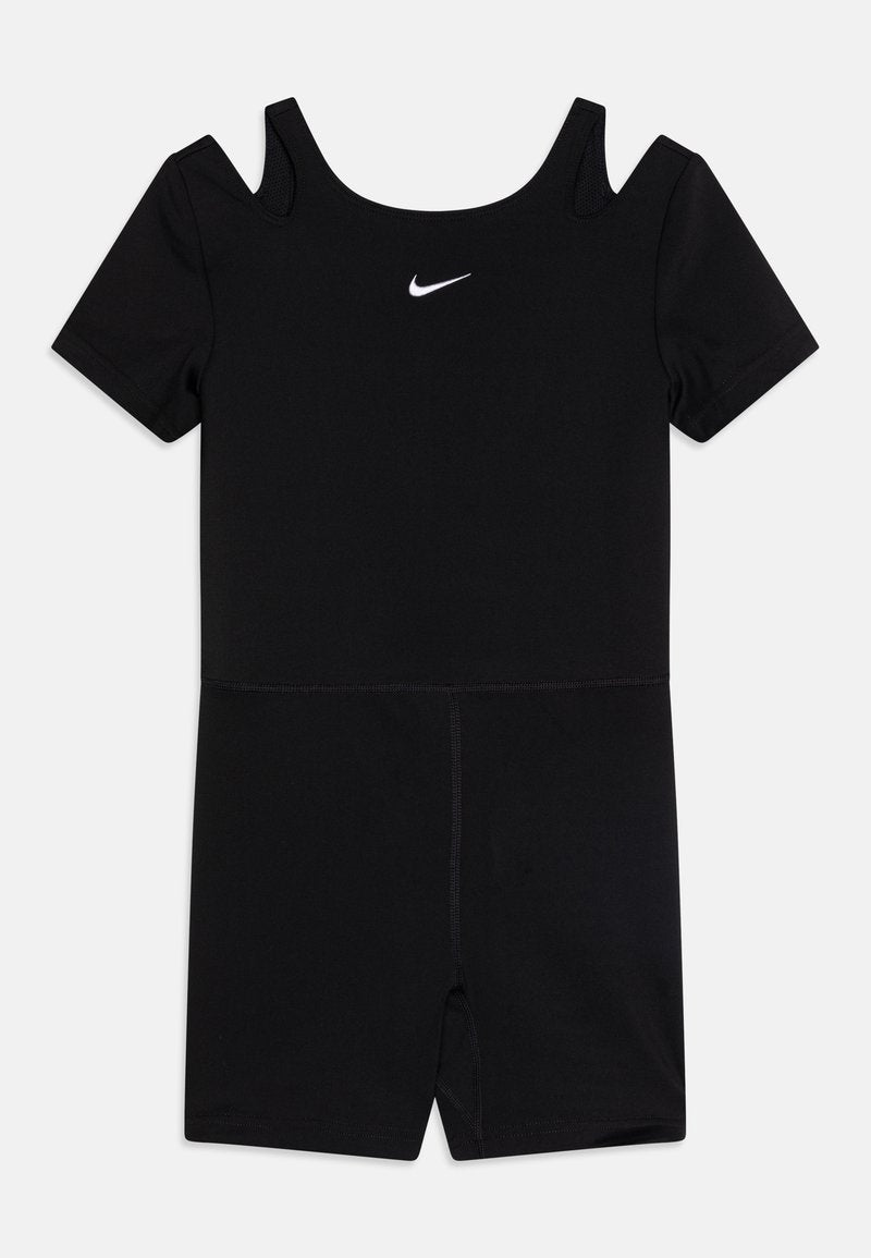 Schwarzer kurzärmeliger Bodysuit mit ausgeschnittenem Schulterdesign, aus dehnbarem Material gefertigt, mit einem kleinen weißen Nike-Logo auf der Brust.