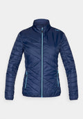Navyblaue gesteppte Jacke mit hellblauem Reißverschluss und Reißverschlüssen an den Taschen, Stehkragen und CMP-Logo auf der Schulter.