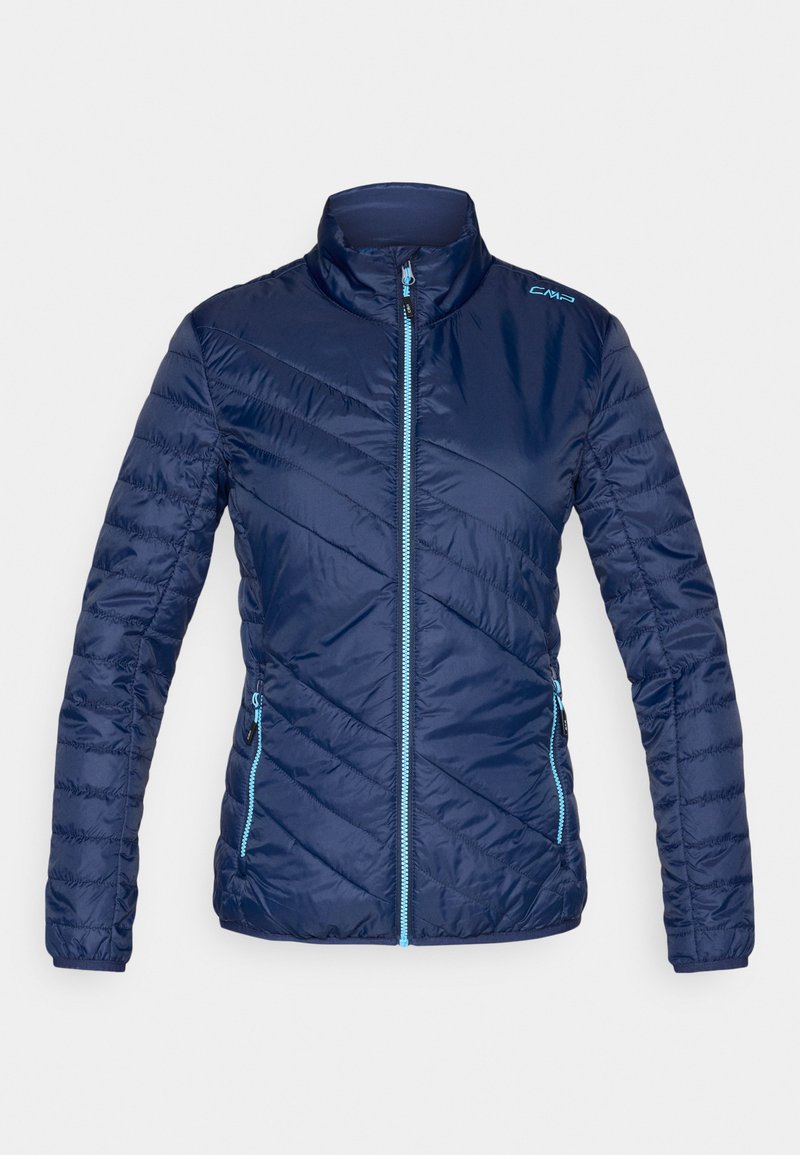 Navyblaue gesteppte Jacke mit hellblauem Reißverschluss und Reißverschlüssen an den Taschen, Stehkragen und CMP-Logo auf der Schulter.