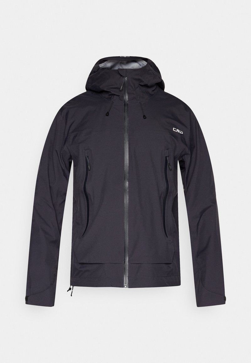 Schwarze Kapuzenjacke mit Frontreißverschluss, zwei seitlichen Reißverschlusstaschen, verstellbaren Kapuzenkordeln und CMP-Logo auf der Brust.