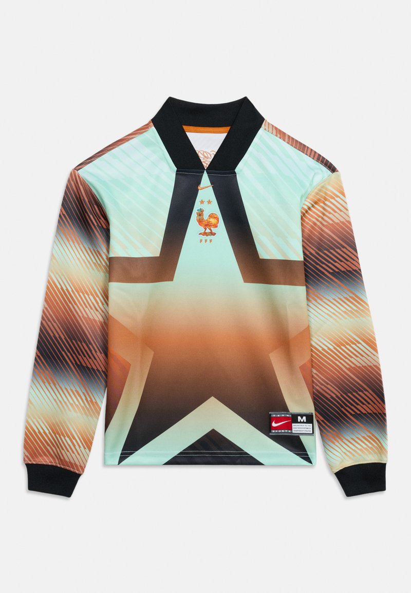 Langärmliges Fußballtrikot mit großem schwarzen Stern, Farbverlauf in Orange und Türkis, schwarzem Kragen und Bündchen, Nike-Logo und Hahn-Wappen auf der Brust.