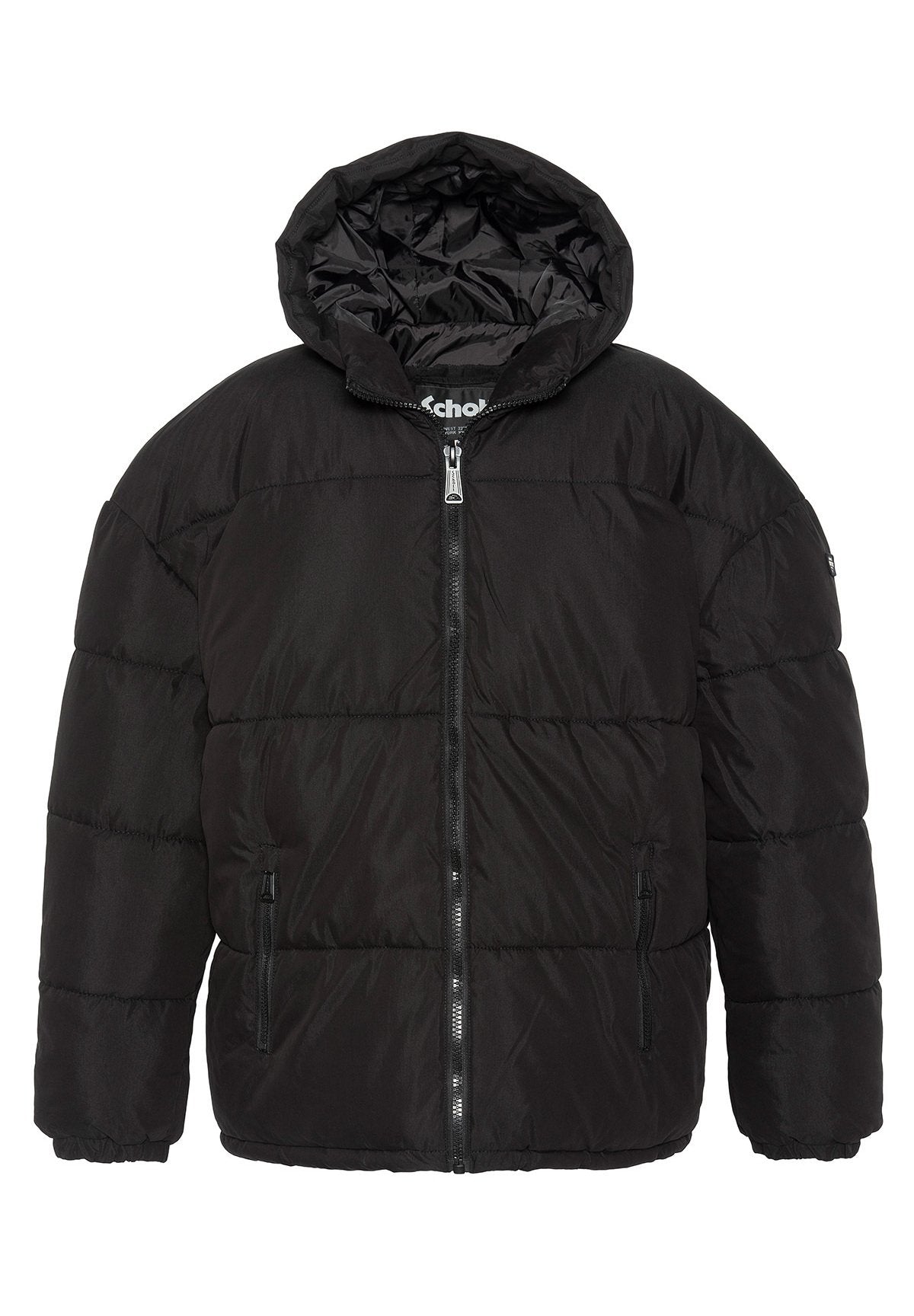 Schwarze Pufferjacke mit Kapuze, ausgestattet mit einem Reißverschluss und zwei seitlichen Reißverschlusstaschen. Der Stoff hat eine glatte, glänzende Textur.