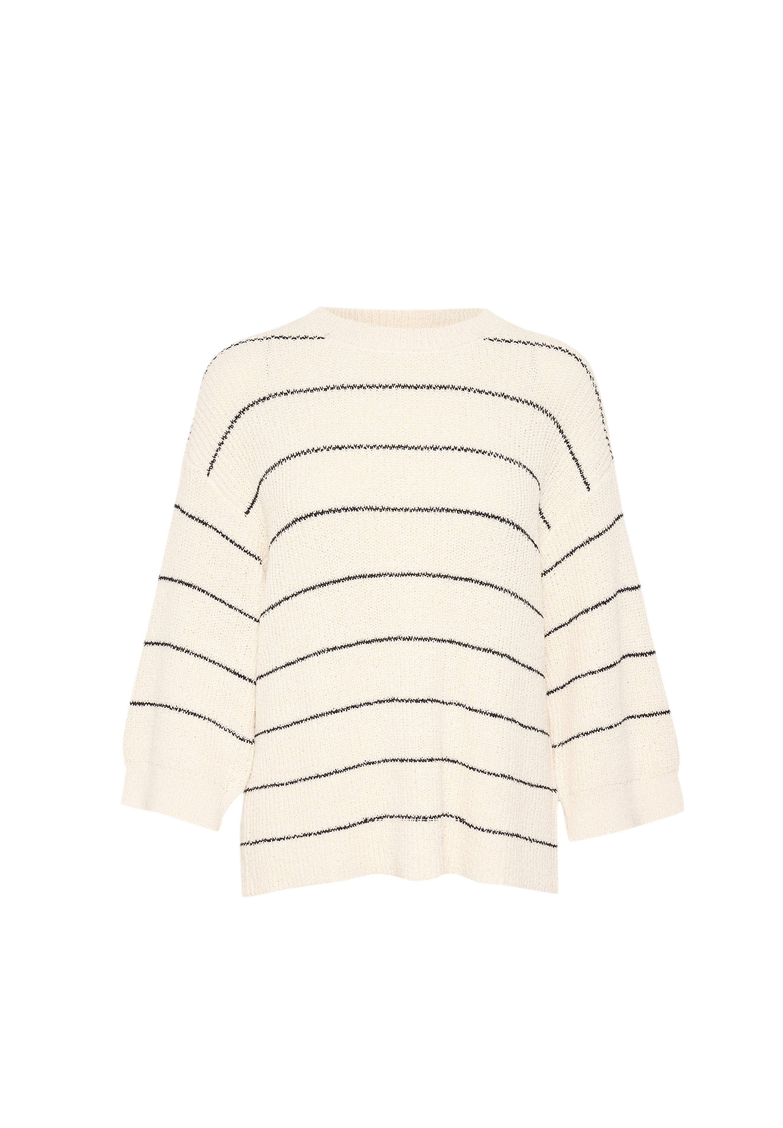 Cremfarbener Pullover mit schwarzen horizontalen Streifen, weiten Ärmeln und rundem Halsausschnitt. Gestrickte Textur, leicht lockere Passform, gerippter Saum.