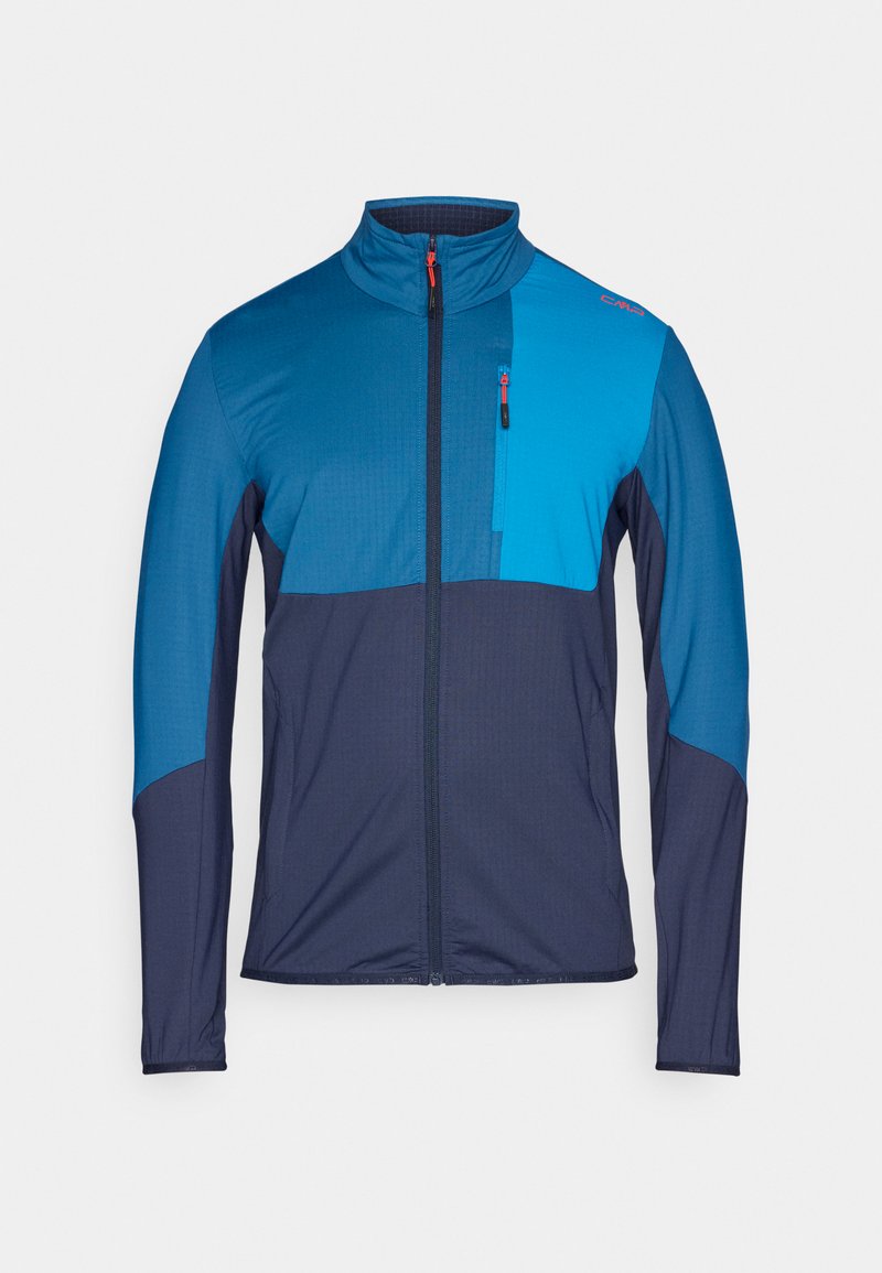 Herren Langarm-Reißverschlussjacke in Blautönen mit kontrastierendem Reißverschluss an der Brusttasche und hohem Kragen vor einfarbigem Hintergrund.
