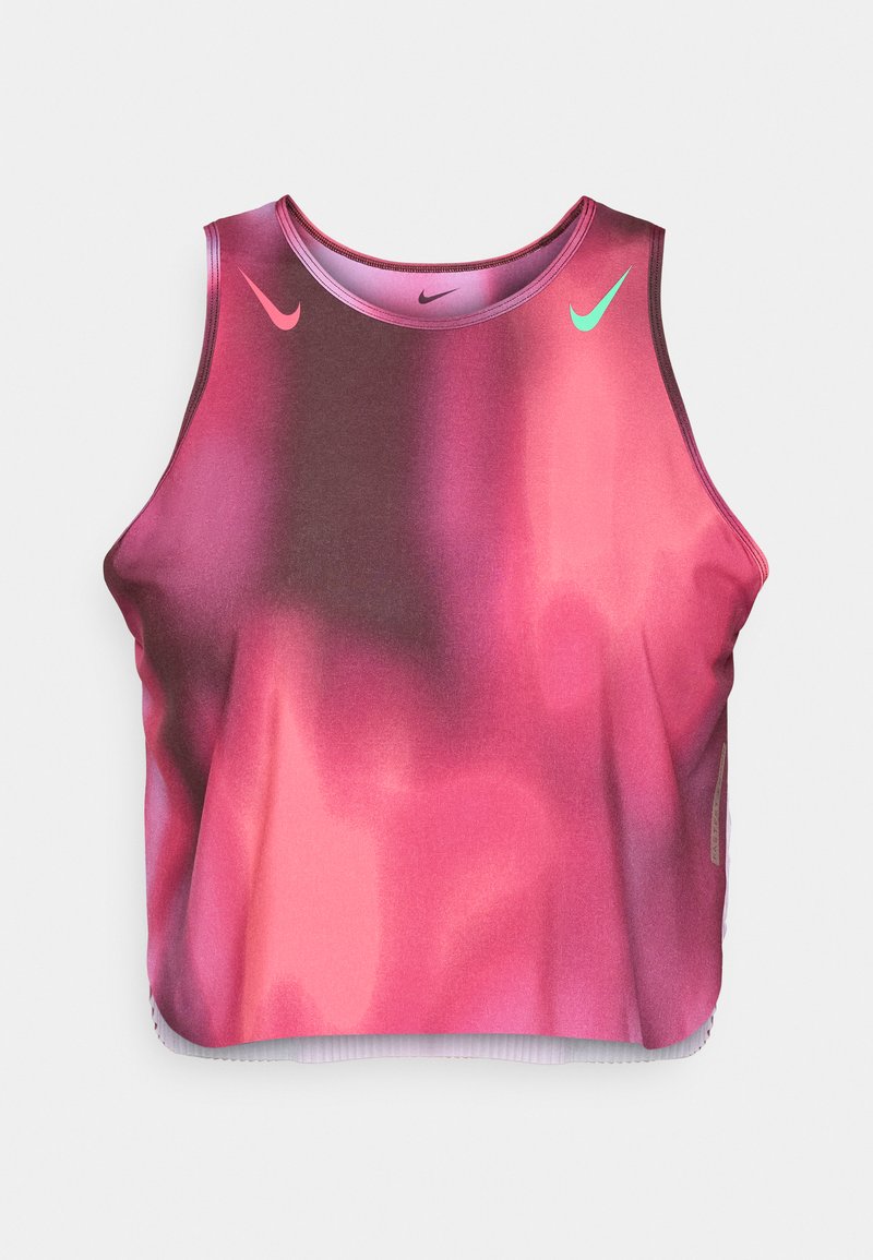Navyfarbener und rosa Farbverlauf-Croptop aus dehnbarem Material. Verfügt über Nike-Logos in Rosa und Grün, mit rundem Halsausschnitt und ärmellosem Design.