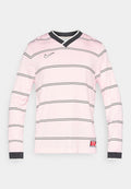 Langärmliges pinkes Jersey mit horizontalen schwarzen Streifen, V-Ausschnitt mit schwarzem Saum und kleinem schwarzem Nike-Logo auf der Brust.