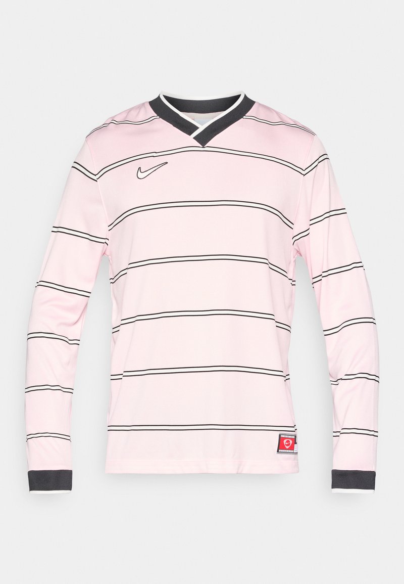 Langärmliges pinkes Jersey mit horizontalen schwarzen Streifen, V-Ausschnitt mit schwarzem Saum und kleinem schwarzem Nike-Logo auf der Brust.