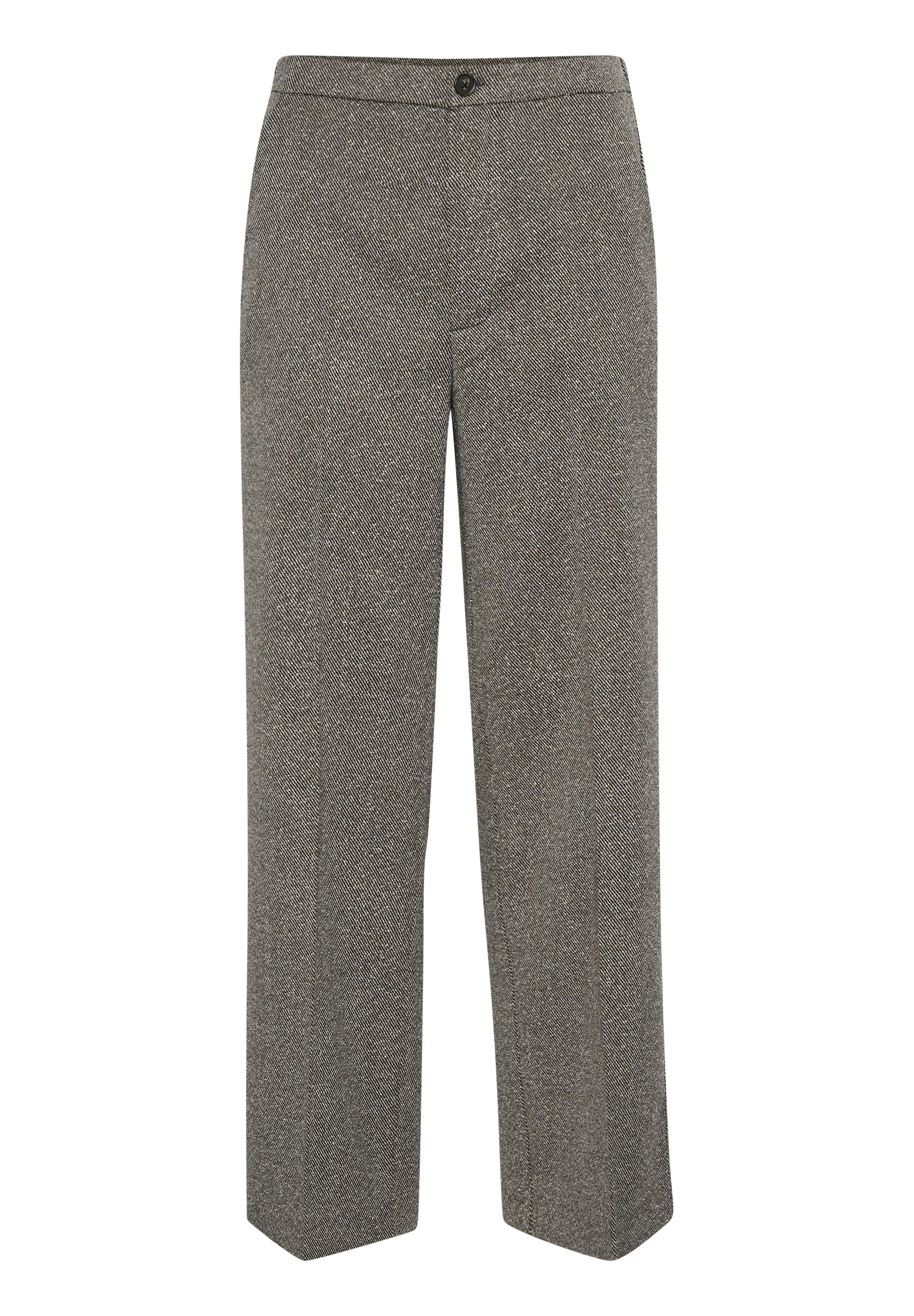 Graue Fischgrät-Hosen mit geradem Bein, flacher Vorderseite, Knopfverschluss und ohne sichtbare Taschen. Strukturierte Stoffoberfläche.