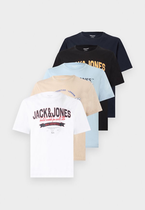Jack & Jones JJELOGO TEE O NECK 5 PACK - Print T-shirt - bright white/sky captain/celestial blue/moonbeam/black