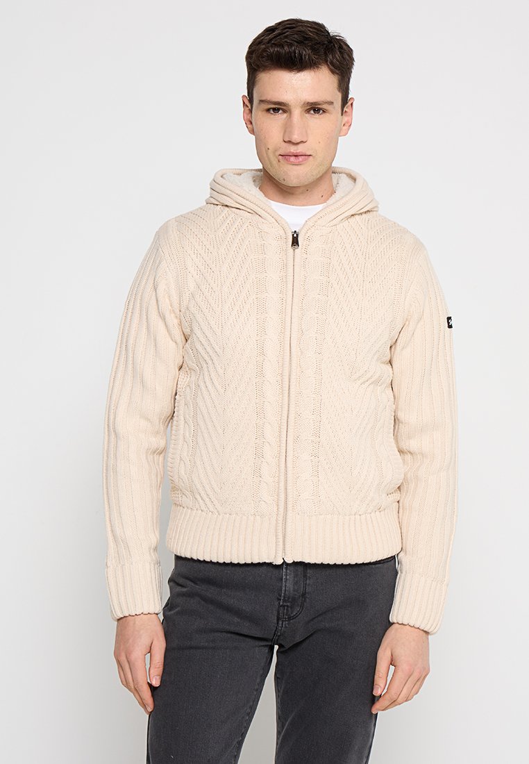 Cremfarbener Kabelstrick-Hoodie mit strukturiertem Design, einem vollständigen Reißverschluss und einem gerippten Saum. Verfügt über eine Kapuze mit Kordelzug und seitliche Taschen.