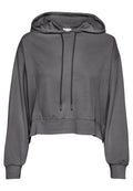 Grauer, verkürzter Hoodie mit Kapuze, langen Ärmeln und Kordelzug. Hergestellt aus einem glatten, weichen Material mit lockerer Passform und minimalen Nähdetails.