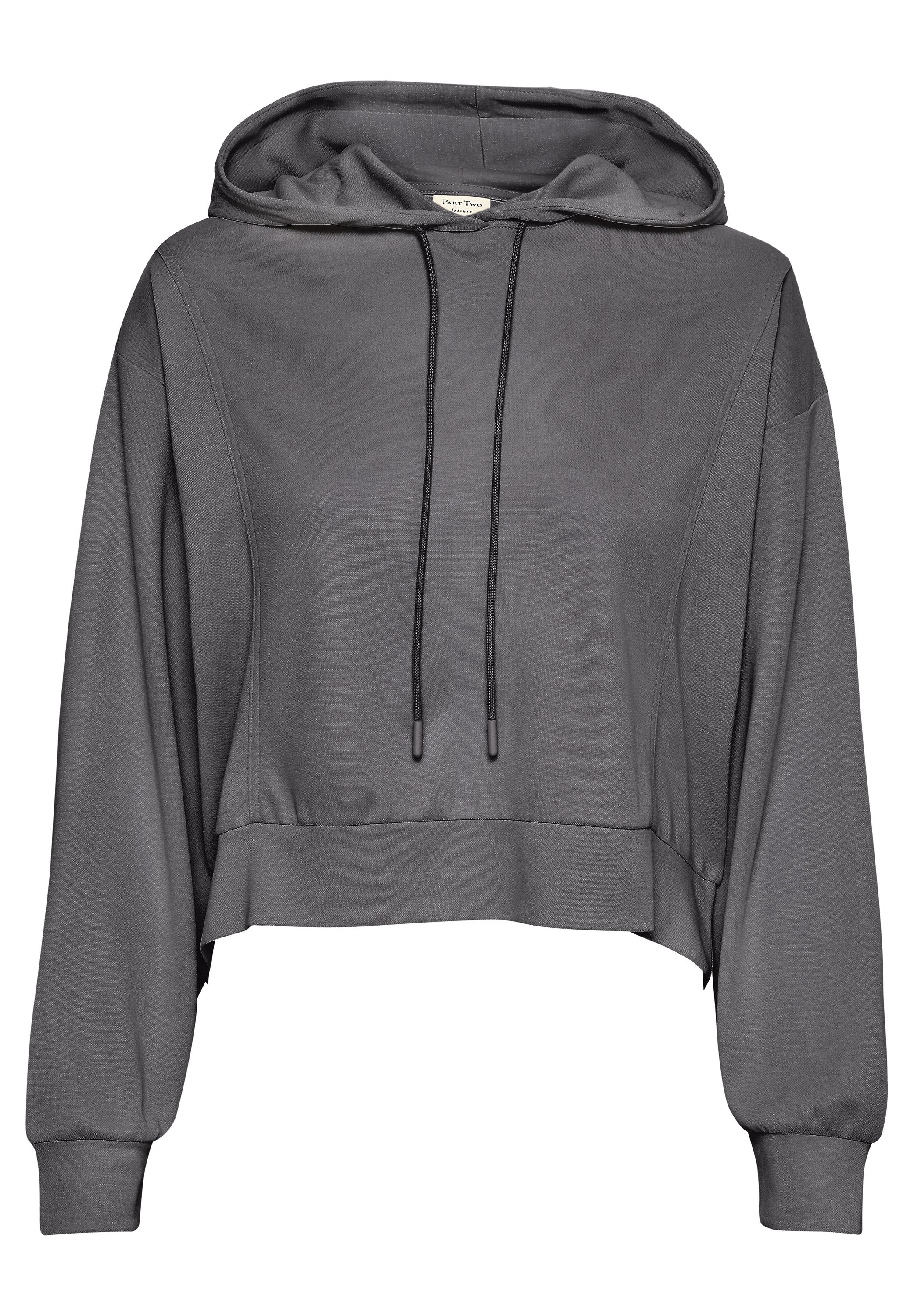 Grauer, verkürzter Hoodie mit Kapuze, langen Ärmeln und Kordelzug. Hergestellt aus einem glatten, weichen Material mit lockerer Passform und minimalen Nähdetails.