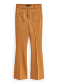 Senfgelbe Hose mit hoher Taille, Frontknopfverschluss, zwei aufgesetzten Taschen vorn, Gürtelschlaufen und leicht ausgestellt geschnittenen Beinen.