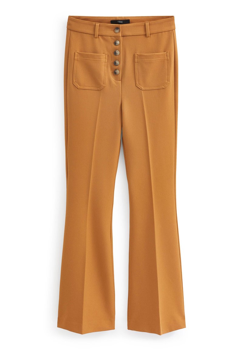 Senfgelbe Hose mit hoher Taille, Frontknopfverschluss, zwei aufgesetzten Taschen vorn, Gürtelschlaufen und leicht ausgestellt geschnittenen Beinen.