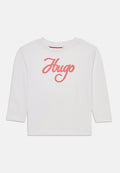 Weißes Langarm-T-Shirt aus Baumwolle mit rosa gesticktem "Hugo"-Logo auf der Vorderseite, Rundhalsausschnitt und geradem Saum.