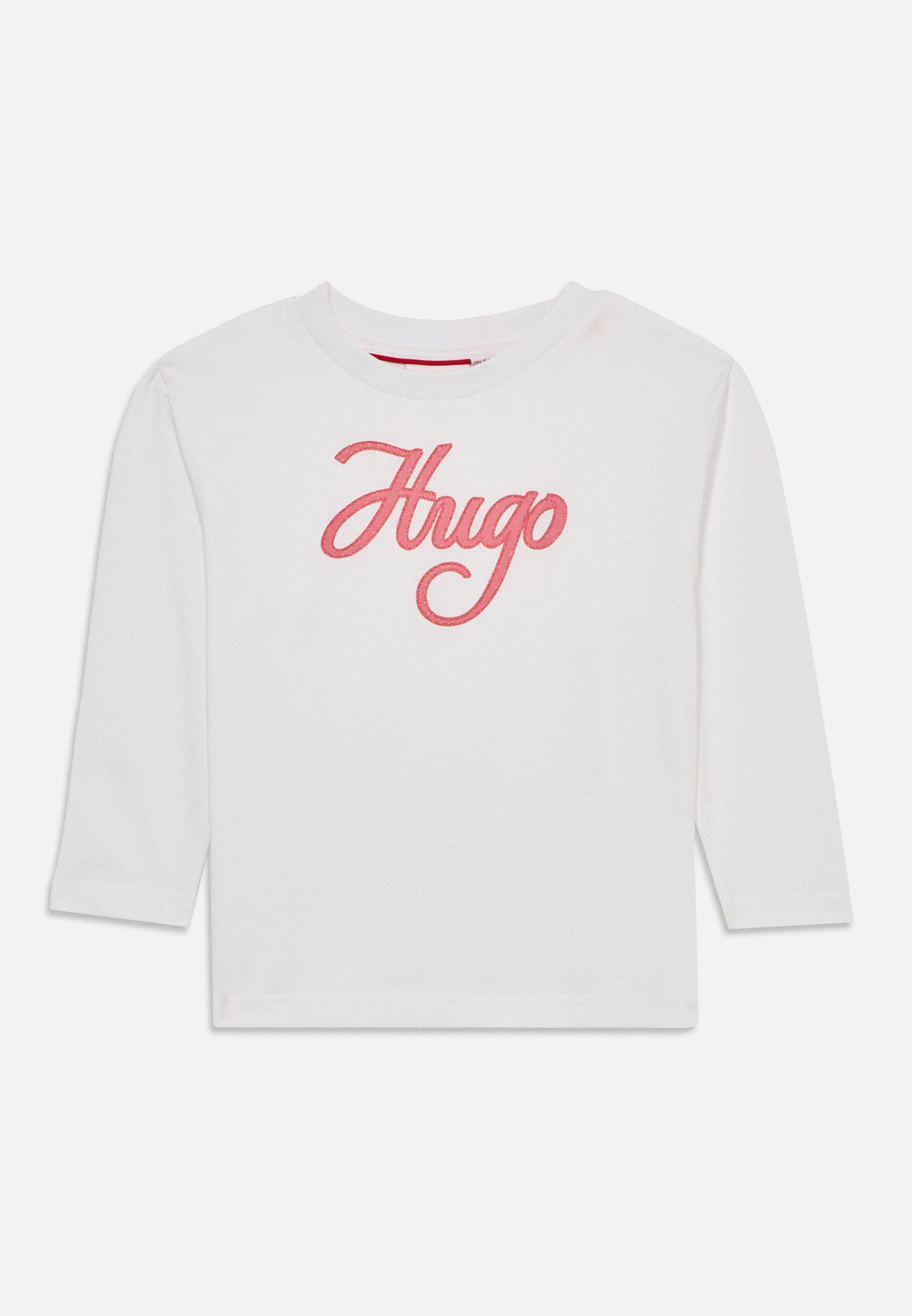 Weißes Langarm-T-Shirt aus Baumwolle mit rosa gesticktem "Hugo"-Logo auf der Vorderseite, Rundhalsausschnitt und geradem Saum.