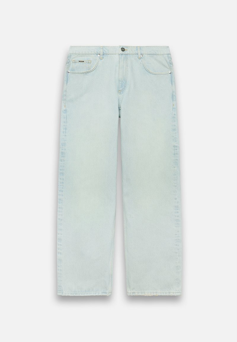 Hellblaue Denim-Jeans mit einem lockeren, weiten Schnitt. Zu den Eigenschaften gehören zwei frontale Taschen, ein Knopfverschluss und minimalistische Details.
