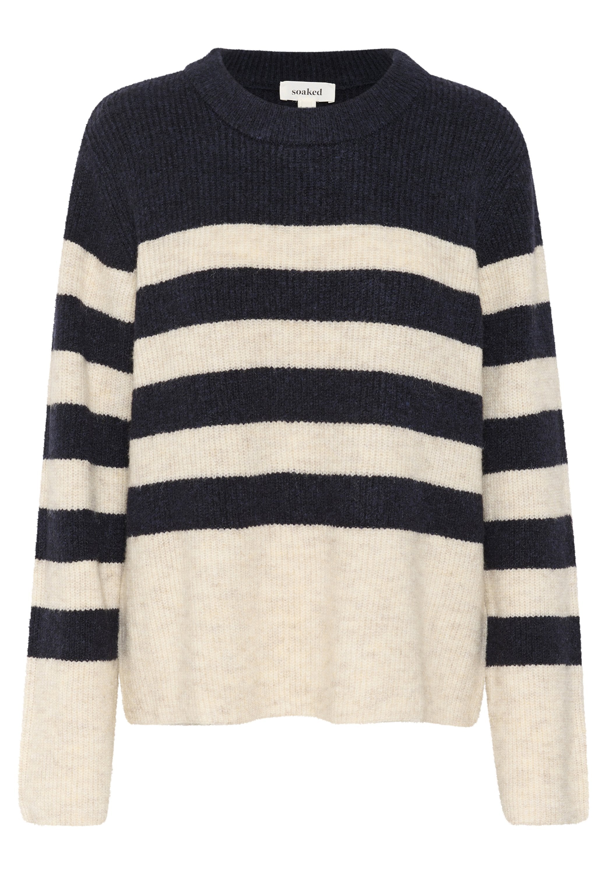 Gestreifter Strickpullover in Marineblau und Creme mit horizontalen Streifen, Rundhalsausschnitt und langen Ärmeln. Weiche Textur mit lässiger Passform.