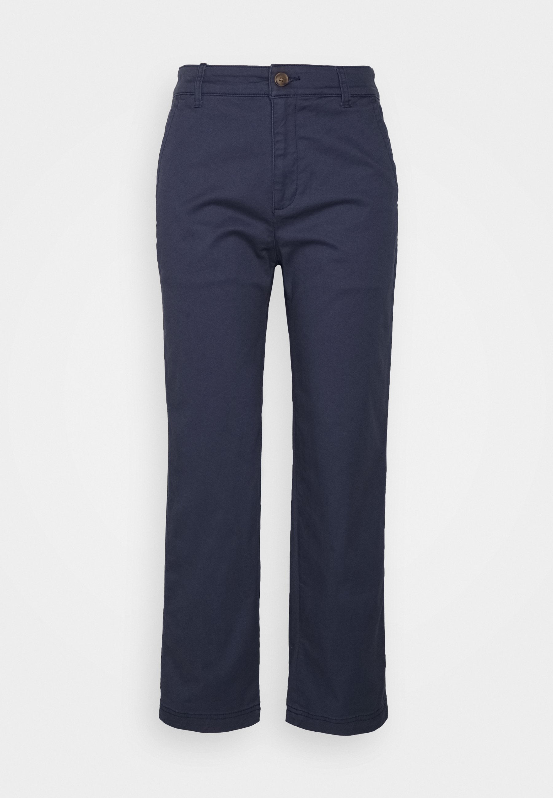 Navyblaue Baumwoll-Hosen mit geradem Bein, Knopfverschluss, Gürtelschlaufen und glatter Textur; maßgeschneiderter Schnitt ohne Taschen.