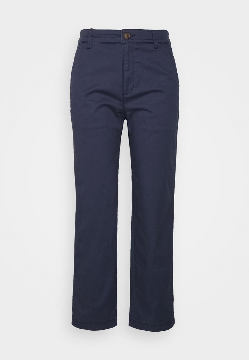 Navyblaue Baumwoll-Hosen mit geradem Bein, Knopfverschluss, Gürtelschlaufen und glatter Textur; maßgeschneiderter Schnitt ohne Taschen.