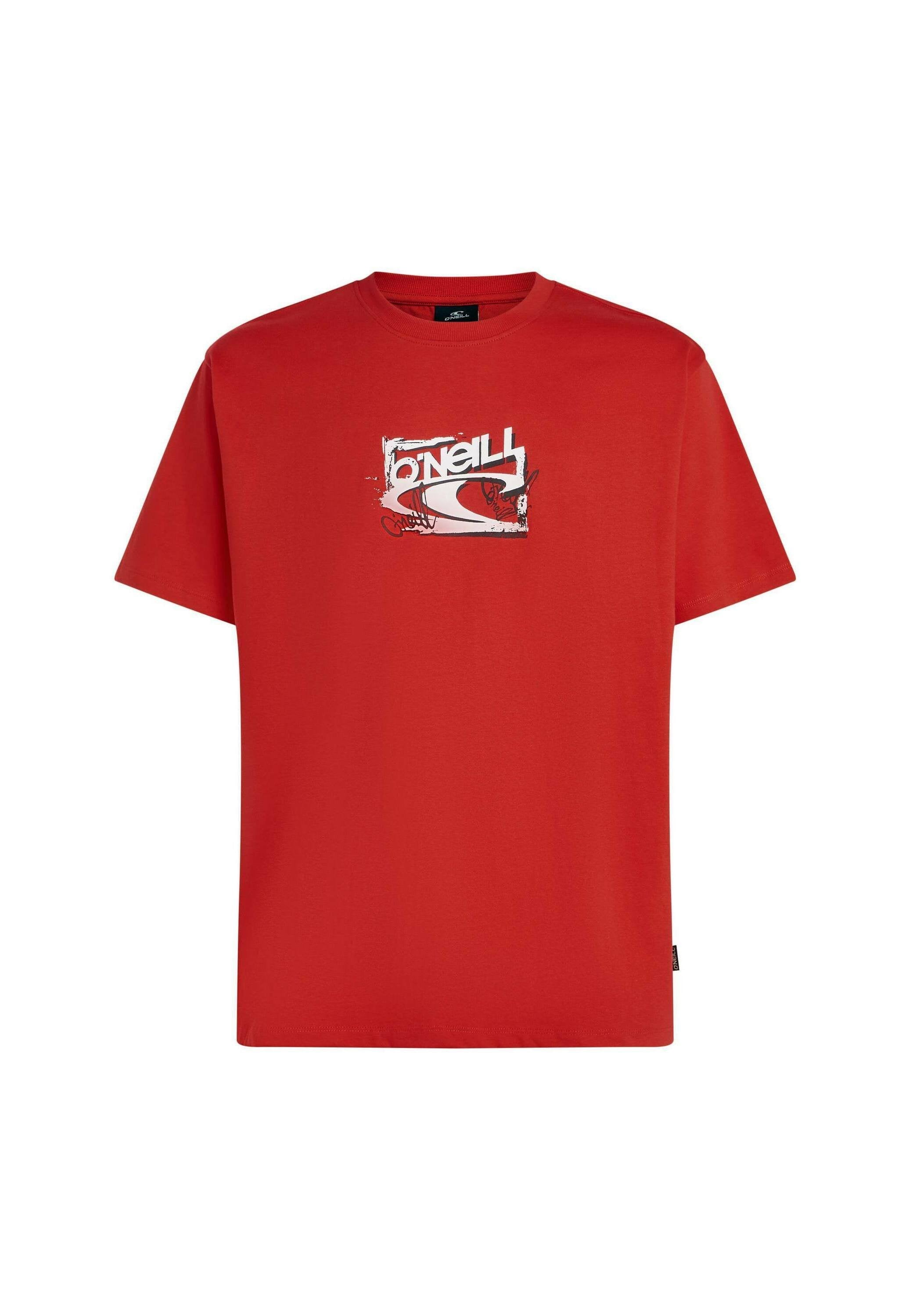 Rotes Baumwoll-T-Shirt mit kurzen Ärmeln, das ein weißes Grafikdesign mit der Marke "O'Neill" und einem stilisierten Wellenmotiv zeigt.
