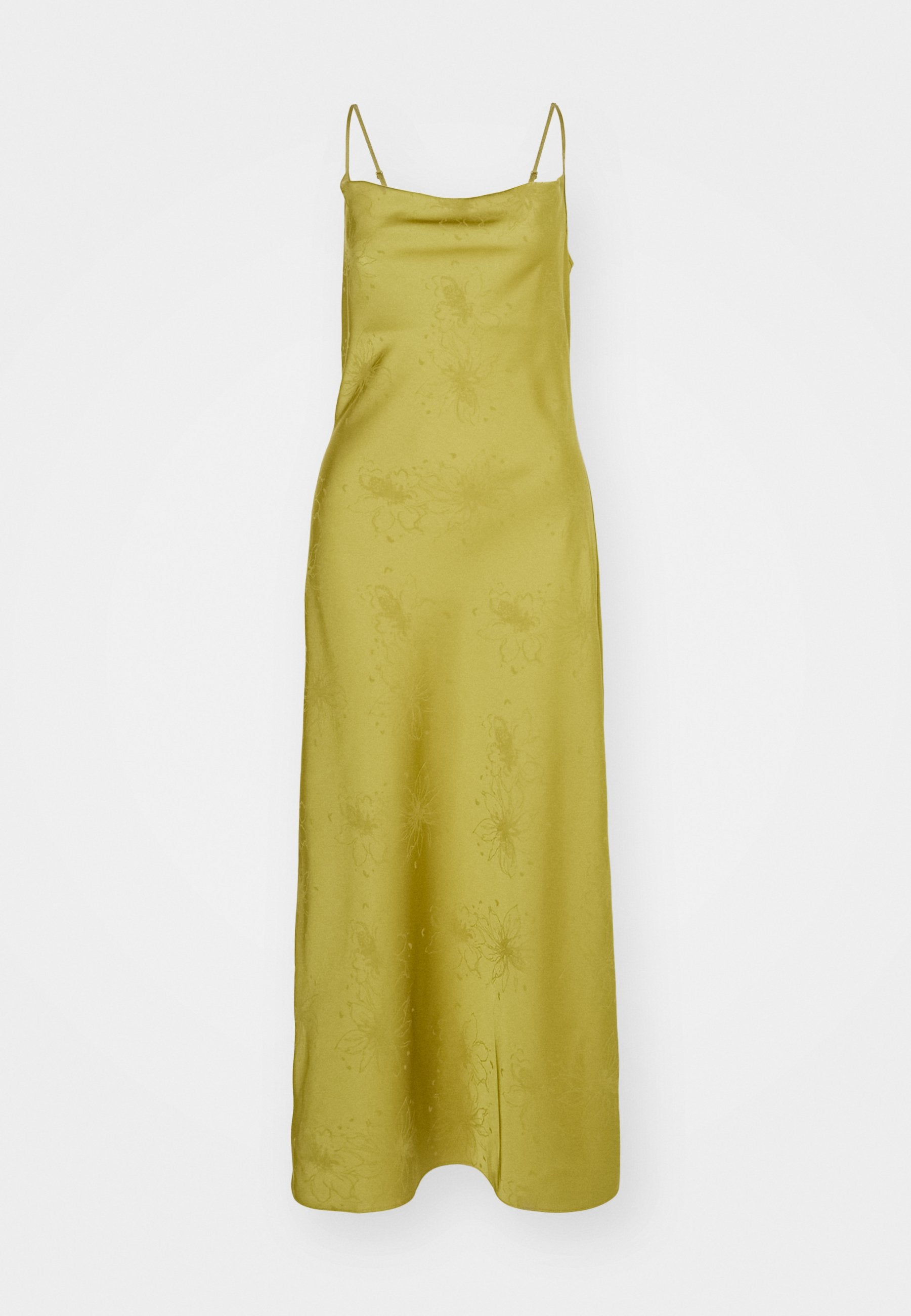 Satin-gelbes Spaghetti-Träger-Kleid mit geprägtem Blumenmuster, bodenlang, glatte Textur und A-Linie-Silhouette.