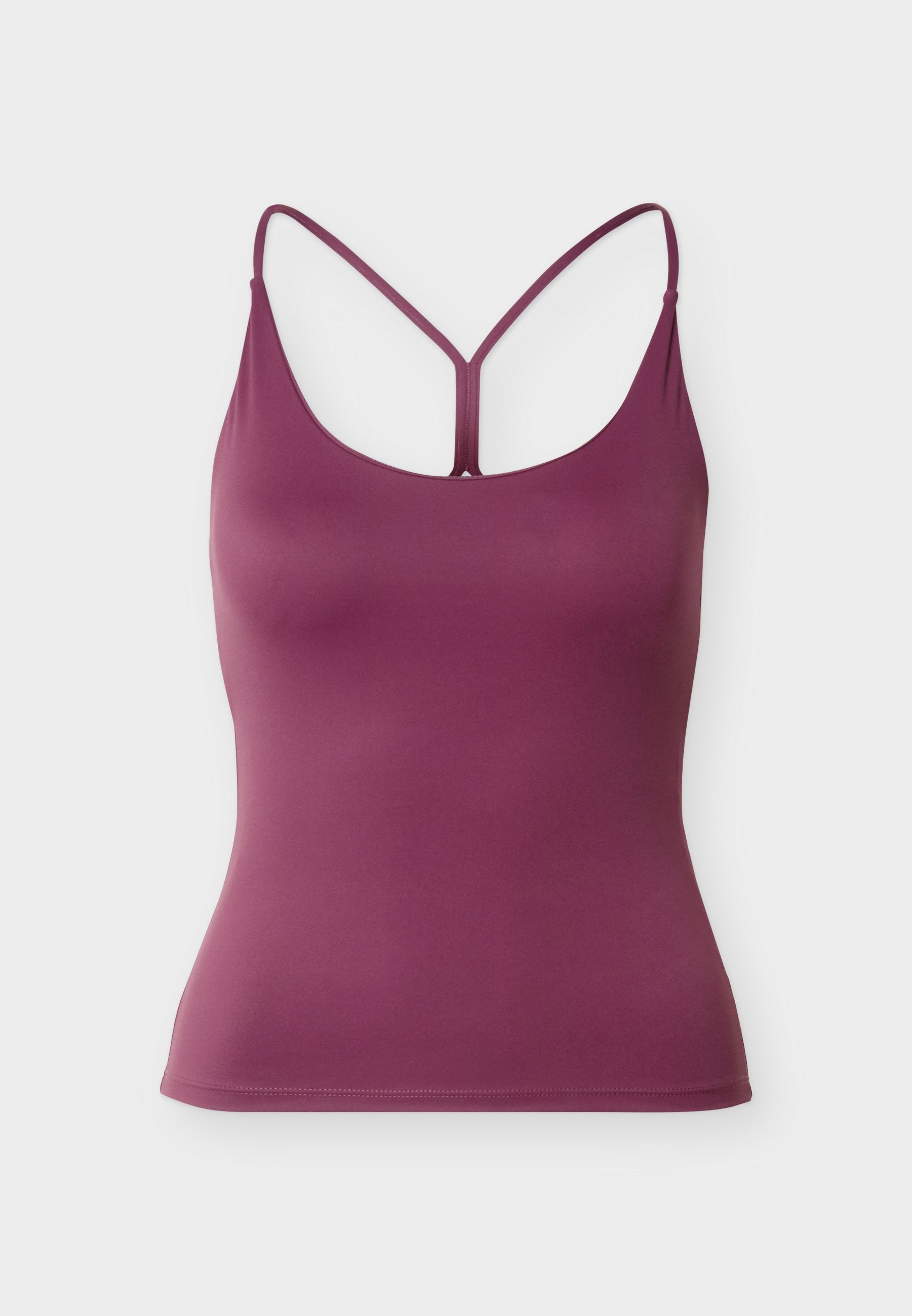 Ärmelloses lila Tanktop mit dünnen Trägern und einem Y-förmigen Rückendetail, hergestellt aus glattem, elastischem Stoff.