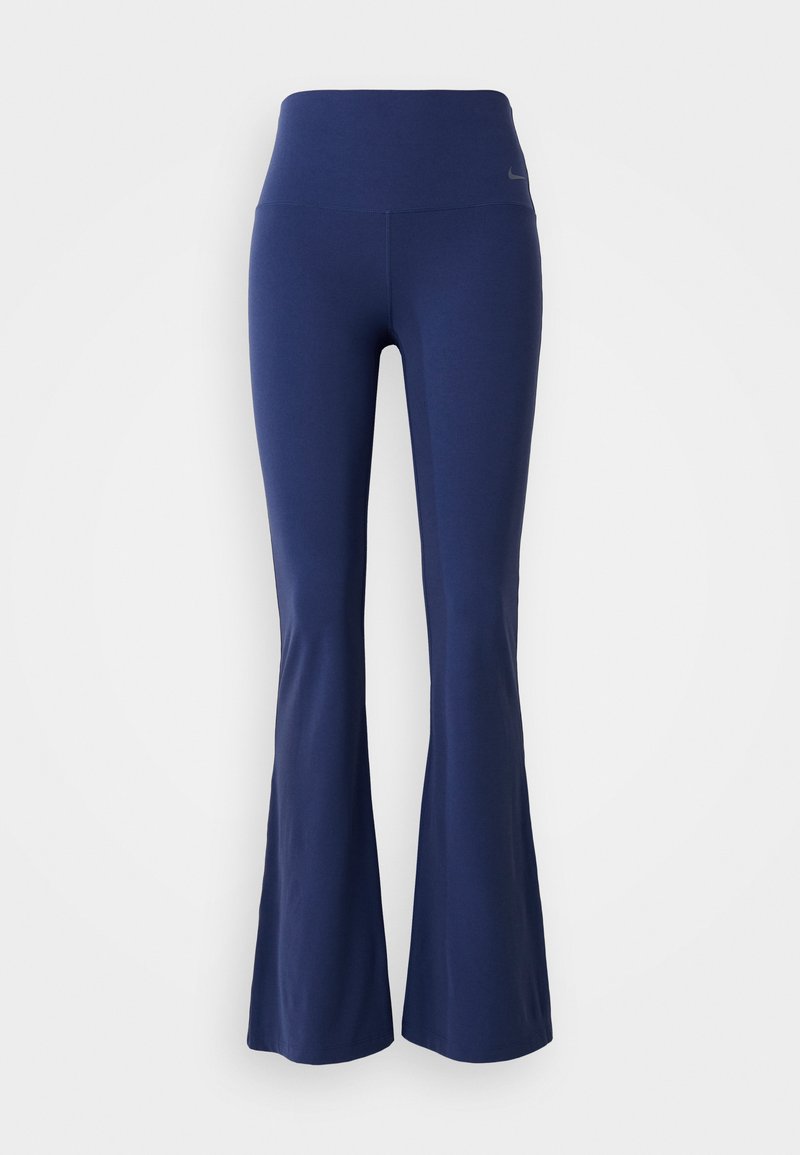 Navyblaue Schlagleggings mit hoher Taille, aus dehnbarem Stoff gefertigt, mit glatter Textur und subtiler Logounterstreichung am Bund.