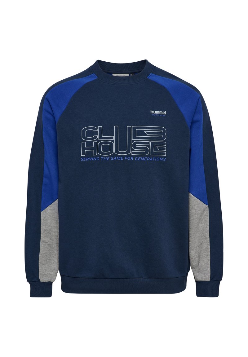 Marineblauer Sweatshirt mit blauen und grauen Akzenten. Verfügt über einen Rundhalsausschnitt, gerippte Bündchen und einen großen Aufdruck mit Textgrafik auf der Vorderseite.