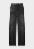 Schwarze gerade Jeans aus Denim, mit fünf Taschen, Gürtelschlaufen und subtiler Ausbleichung des Stoffes für Textur.
