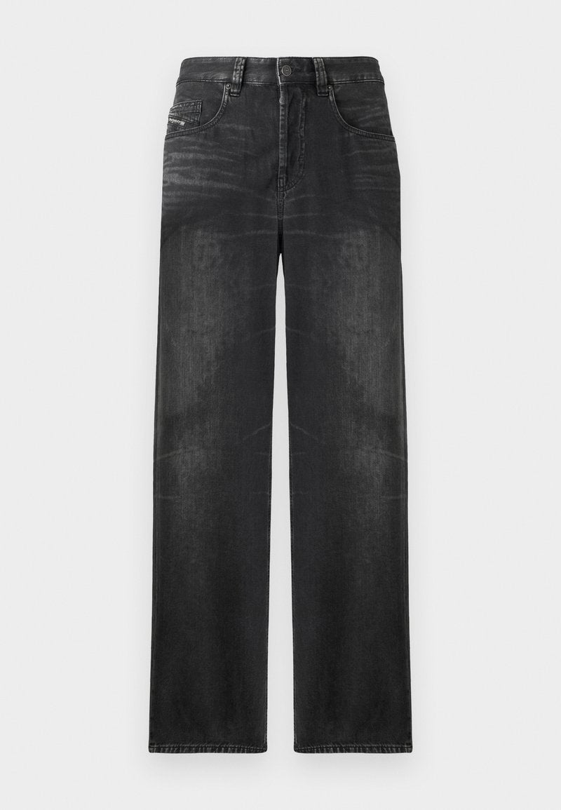 Schwarze gerade Jeans aus Denim, mit fünf Taschen, Gürtelschlaufen und subtiler Ausbleichung des Stoffes für Textur.