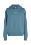 Blaues Kapuzensweatshirt mit langen Ärmeln und weißem Text "The Future Surf Society" auf der Brust.