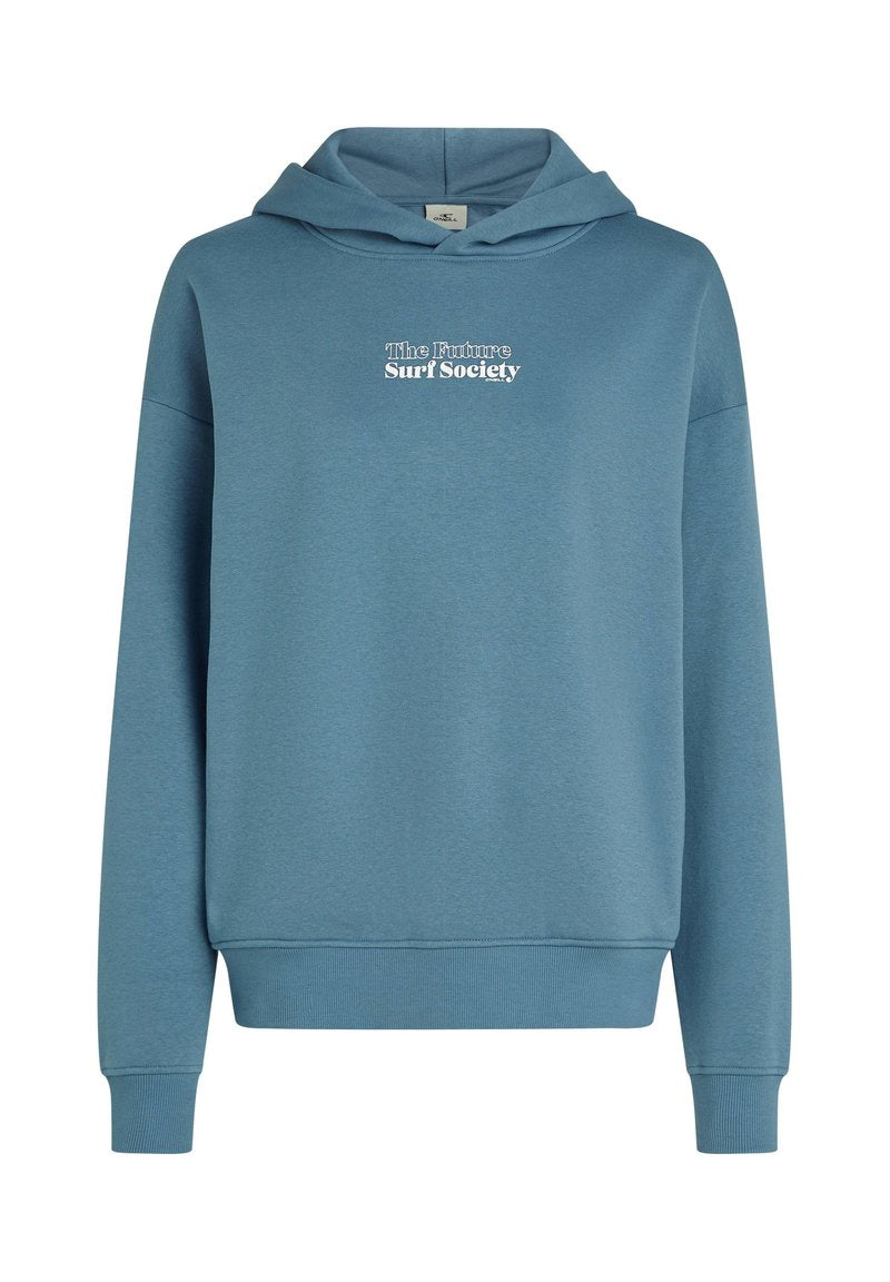 Blaues Kapuzensweatshirt mit langen Ärmeln und weißem Text "The Future Surf Society" auf der Brust.